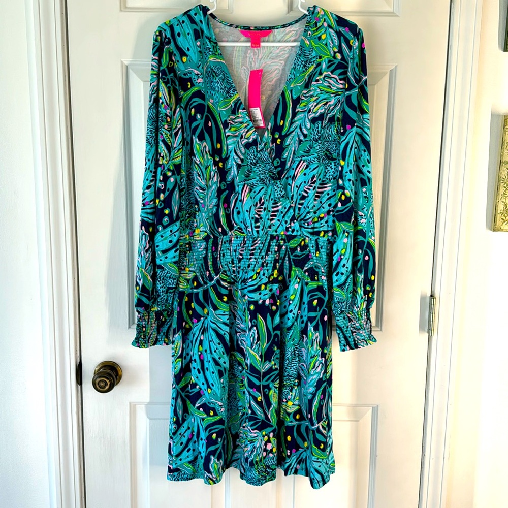 Lilly Pulitzer Talley Long Sleeve Dress Size L Low Tide Navy Catty Purrsonality